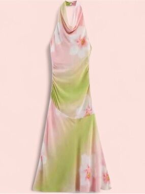 Zara Pink and Green Backless Halter Dress